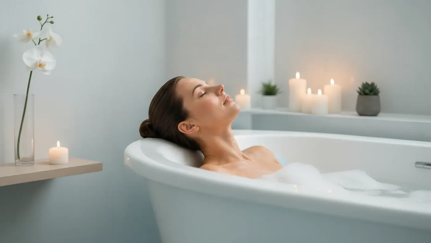 Eine Frau liegt entspannt in einer weißen Badewanne mit milchigem Wasser