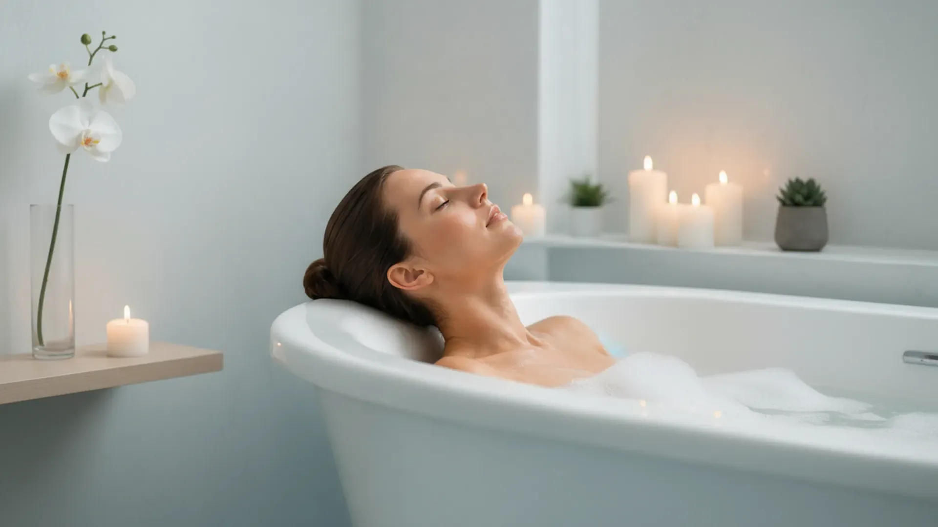 Eine Frau liegt in einer weißen Badewanne, das Wasser ist milchig