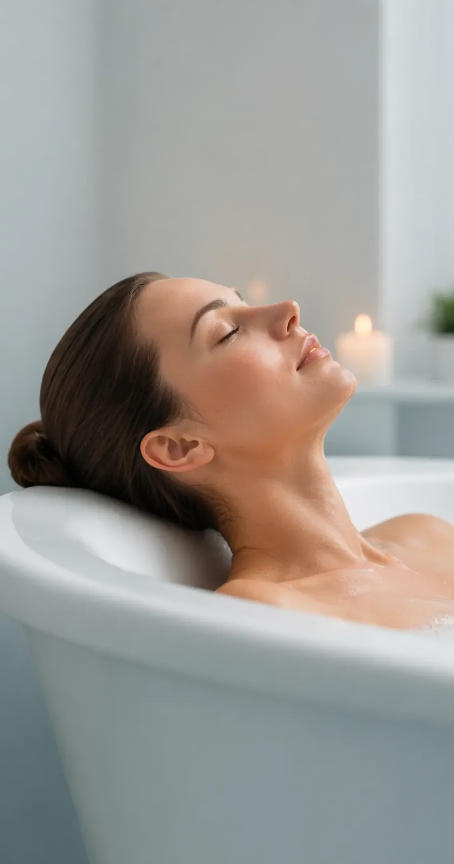 Eine Frau badet allein in einer weißen Badewanne, eine Kerze brennt