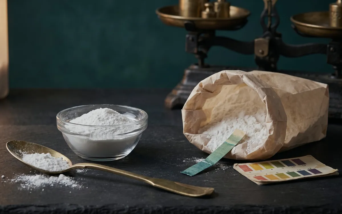 Weißes Carbonat-Pulver in Schale und Papiertüte, Löffel, pH-Teststreifen und eine alte Waage