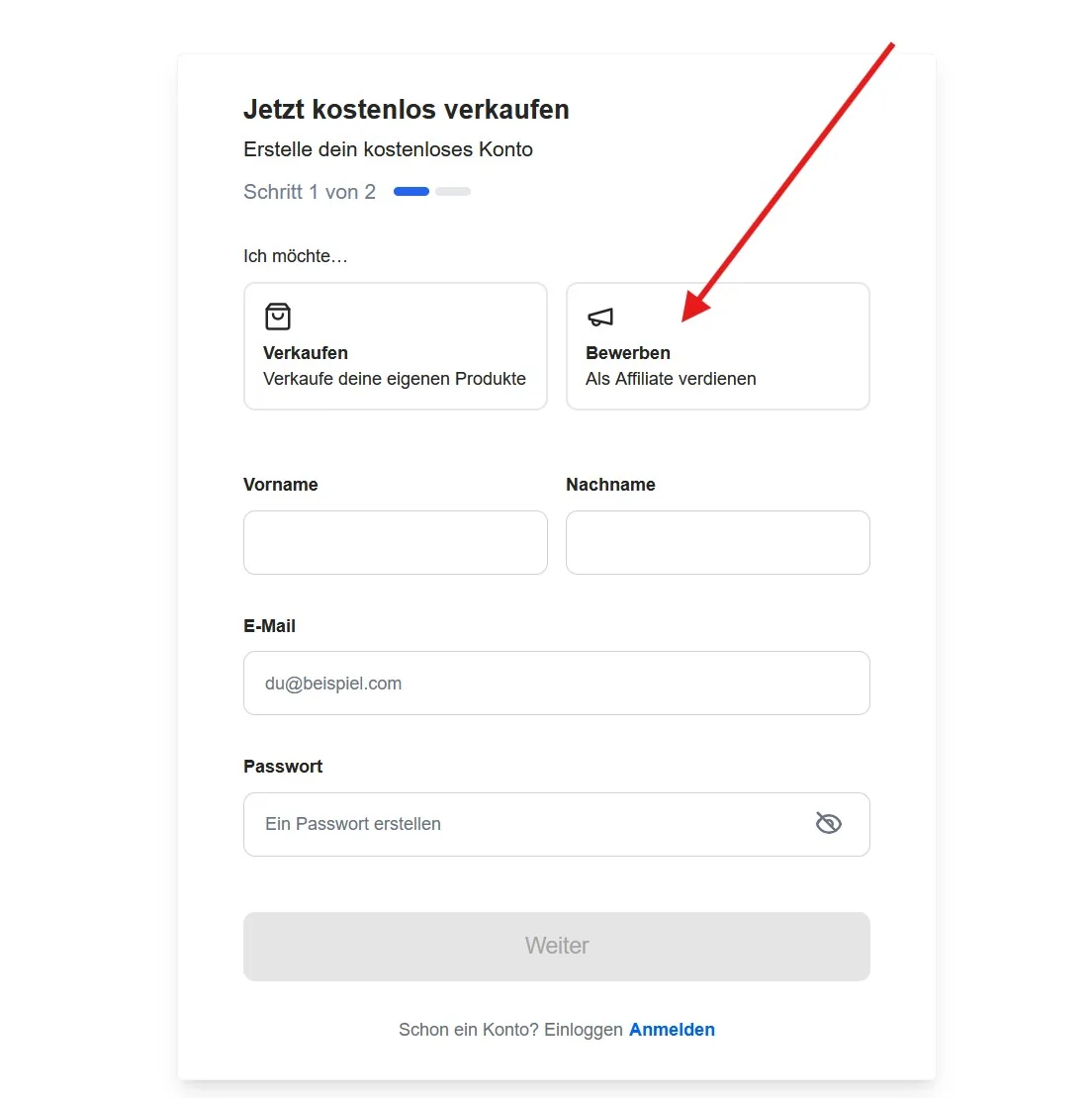 Digistore24-Anmeldeformular, markiert ist die Auswahl „Bewerben – als Affiliate verdienen“