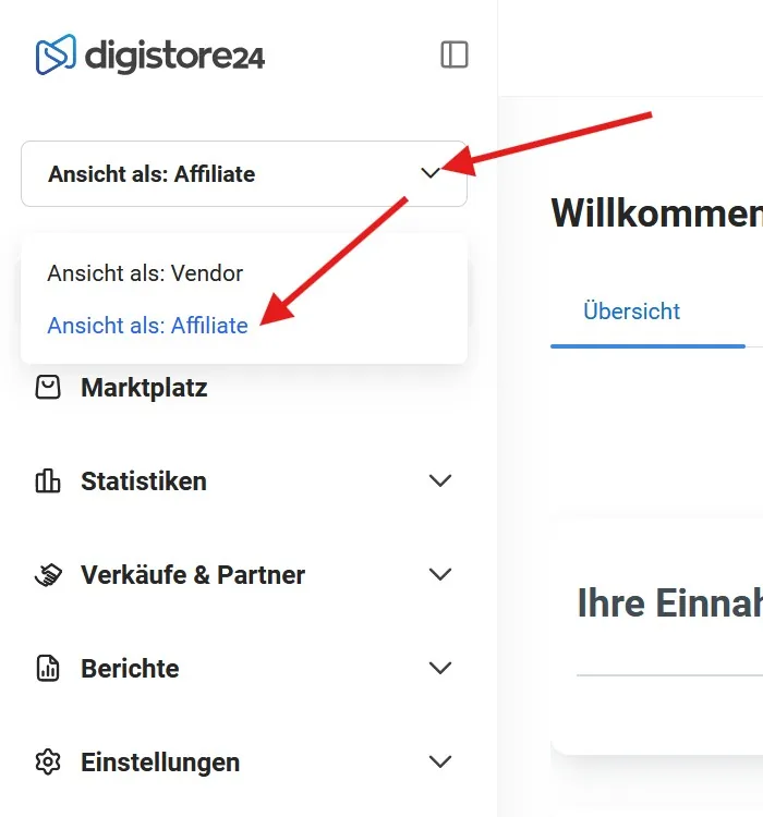 Digistore24-Menü mit der Auswahl „Ansicht als: Affiliate“