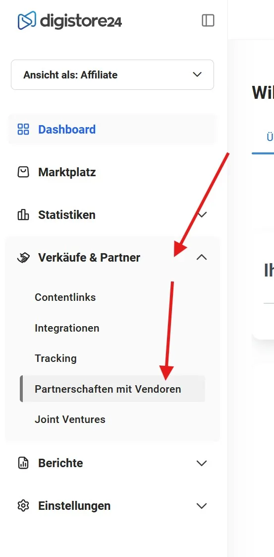 Digistore24-Menü „Verkäufe & Partner“ mit dem Eintrag „Partnerschaften mit Vendoren“
