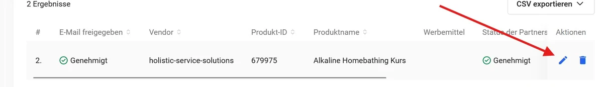 Liste der Partnerschaften mit der Zeile „Alkaline Homebathing Kurs“, markiert ist das Stift-Symbol