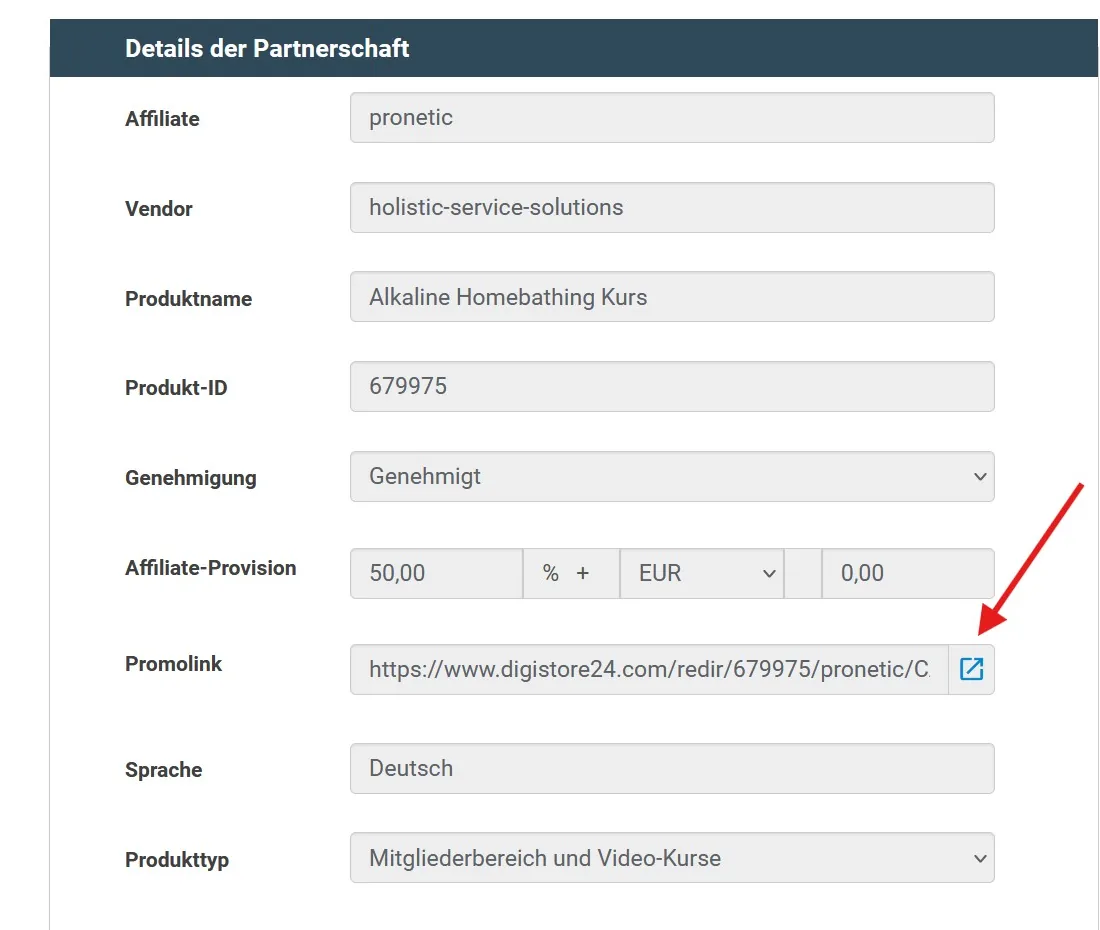 Details der Partnerschaft mit Affiliate-Provision 50 Prozent und dem Promolink
