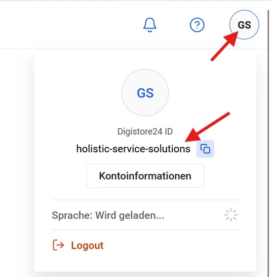 Digistore24: Klick auf die Initialen oben rechts öffnet das Konto-Menü, darin steht die Digistore24-ID