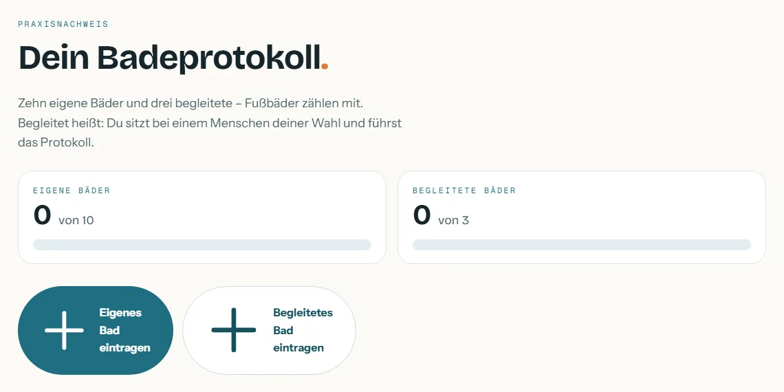 Bathmaster-Portal am Computer: Badeprotokoll mit Zählern für zehn eigene und drei begleitete Bäder