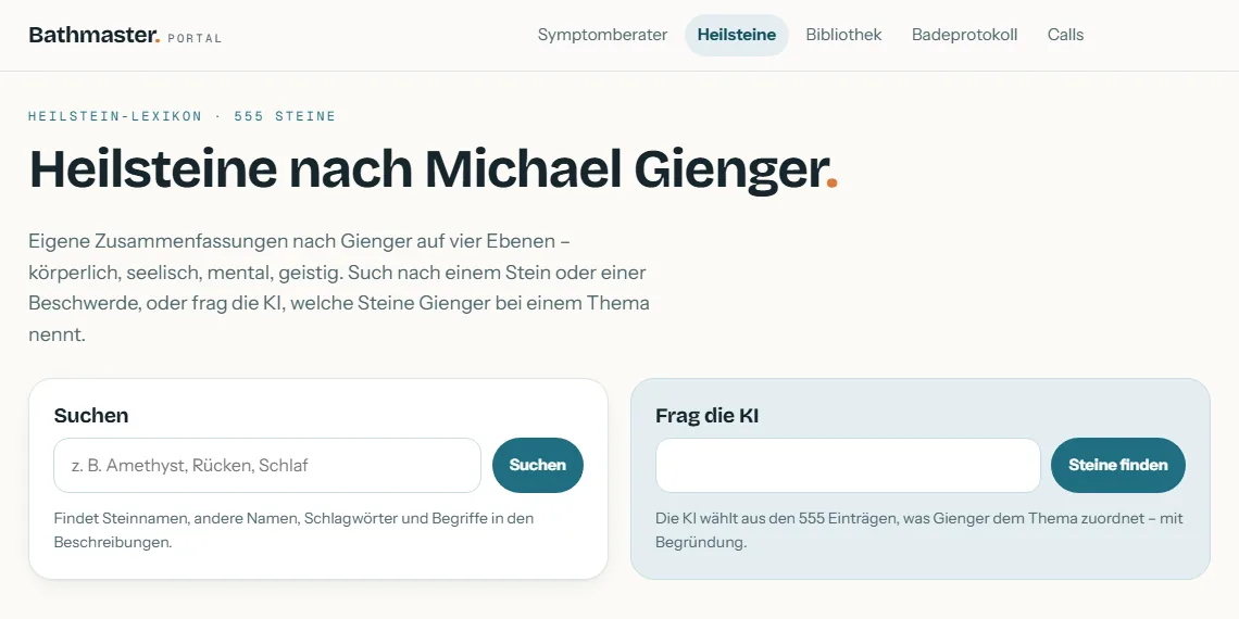 Bathmaster-Portal am Computer: Heilstein-Lexikon mit 555 Steinen nach Michael Gienger, Suche und Frag-die-KI-Feld