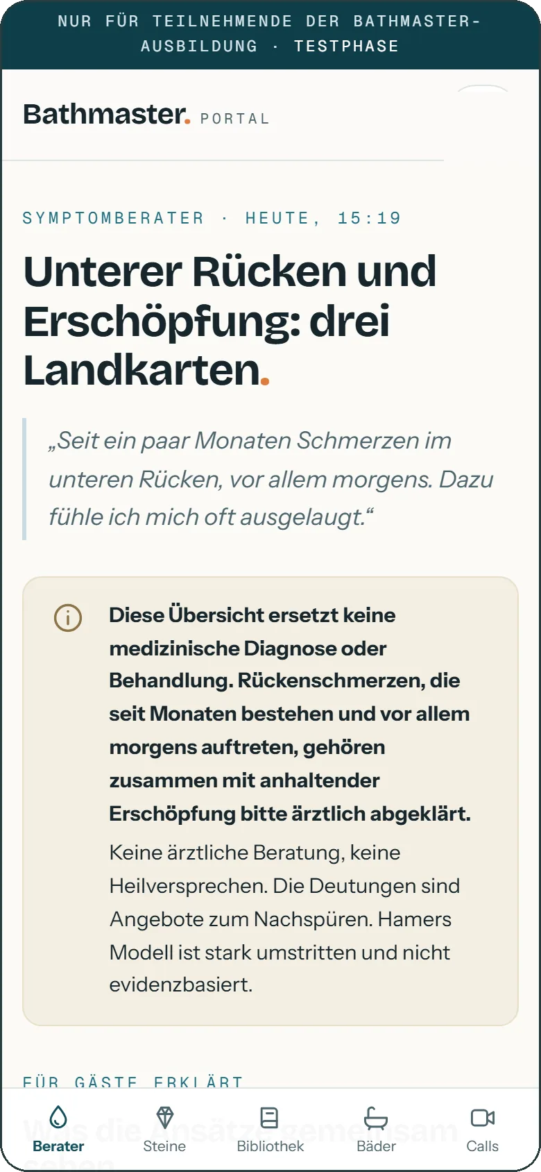 Bathmaster-Portal auf dem Handy: Ergebnis des Symptomberaters mit drei Landkarten und dem Hinweis, dass die Übersicht keine medizinische Diagnose oder Behandlung ersetzt