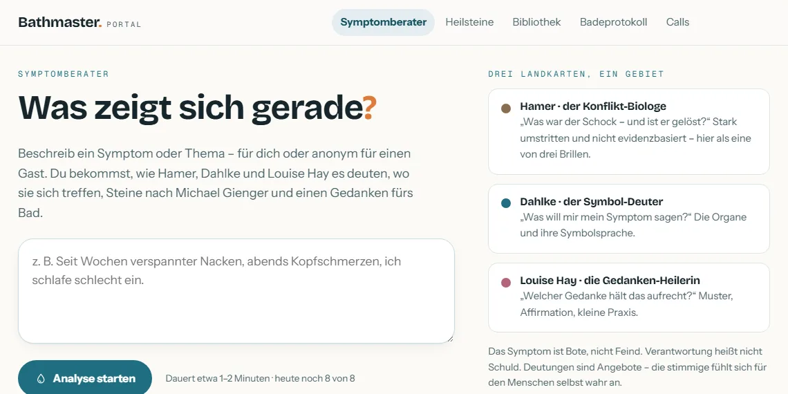 Bathmaster-Portal am Computer: Symptomberater mit Eingabefeld und den drei Landkarten Hamer, Dahlke und Louise Hay
