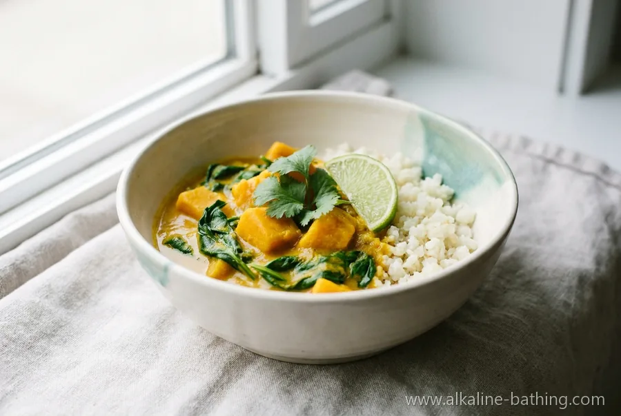Kürbis-Kokos-Curry mit Spinat und Blumenkohlreis