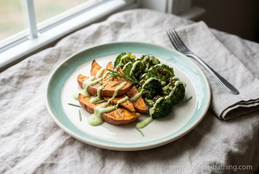 Ofen-Süßkartoffel mit Brokkoli und Avocado-Zitronen-Creme