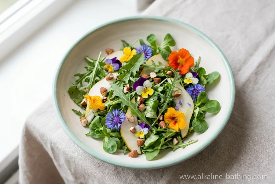 Wildkräuter-Salat mit Blüten und Birne