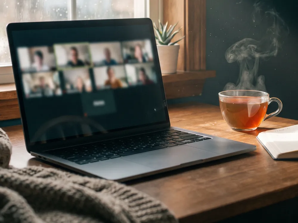 Laptop mit einem Videocall auf einem Holztisch, daneben eine Tasse Tee und ein offenes Notizbuch
